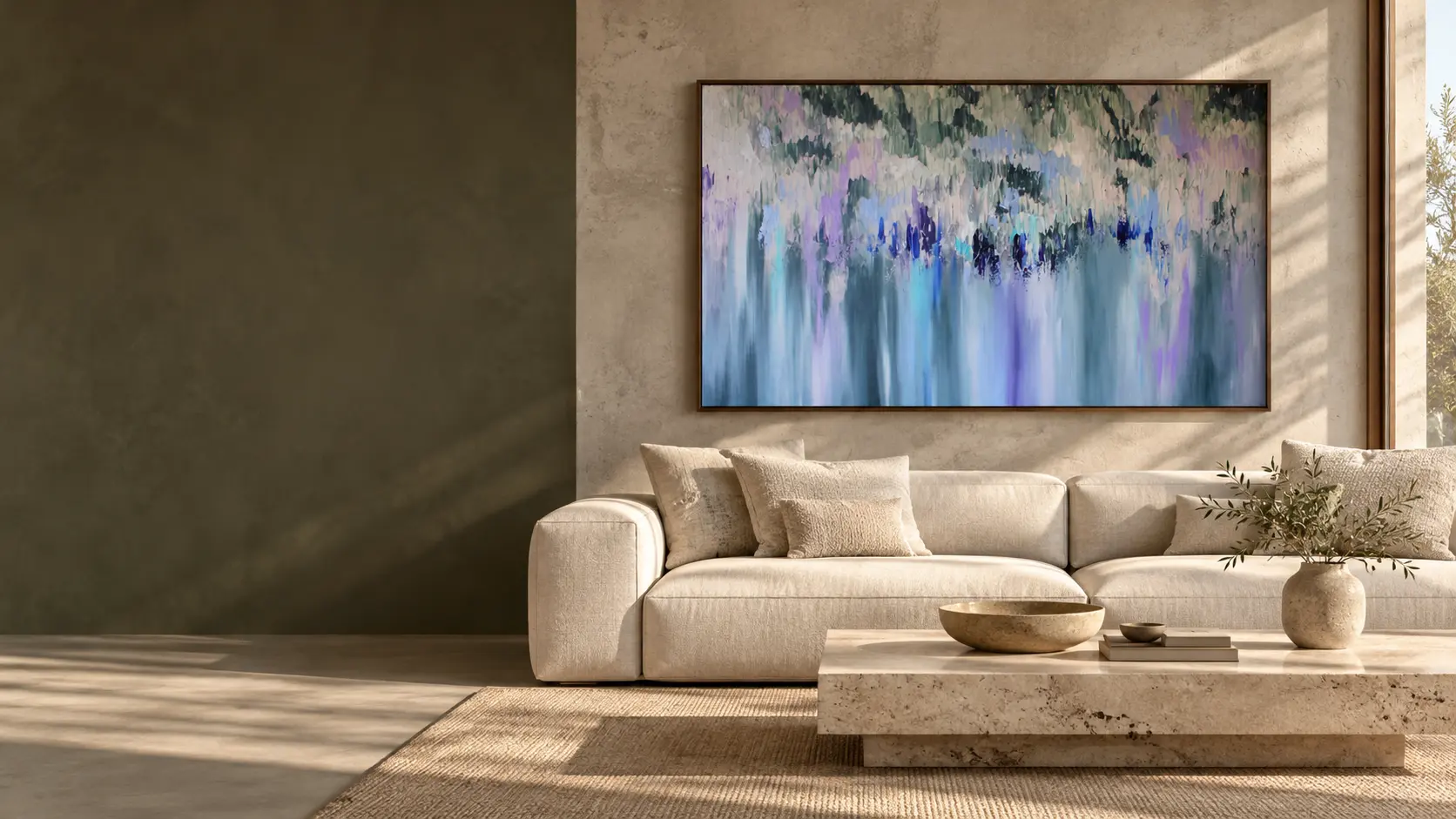 Room visualization of Sanjay Patel’s Untitled 577 in a concrete and oak penthouse lounge