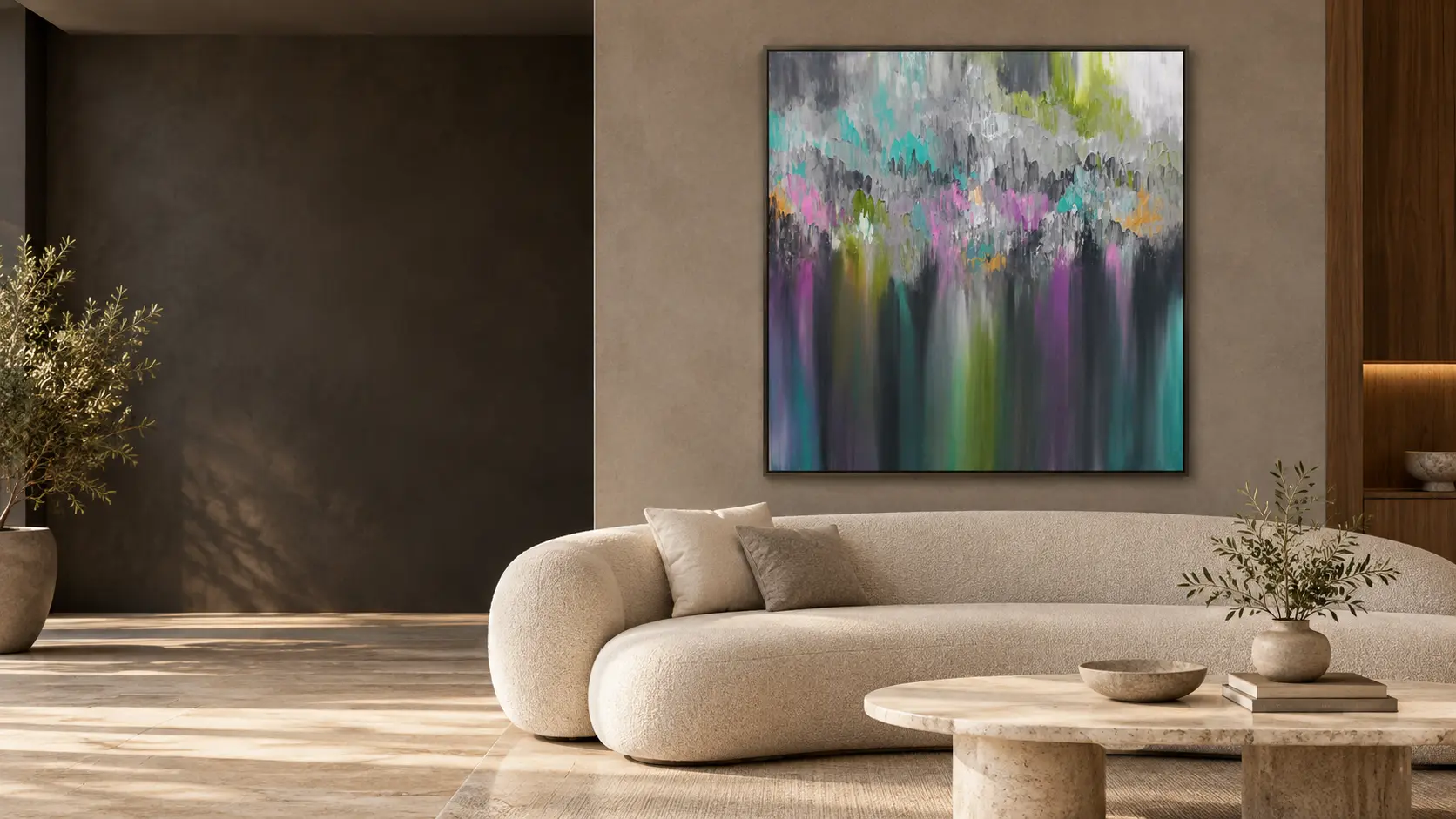 Sanjay Patel’s painting Untitled 513 visualized in a boutique reception lounge